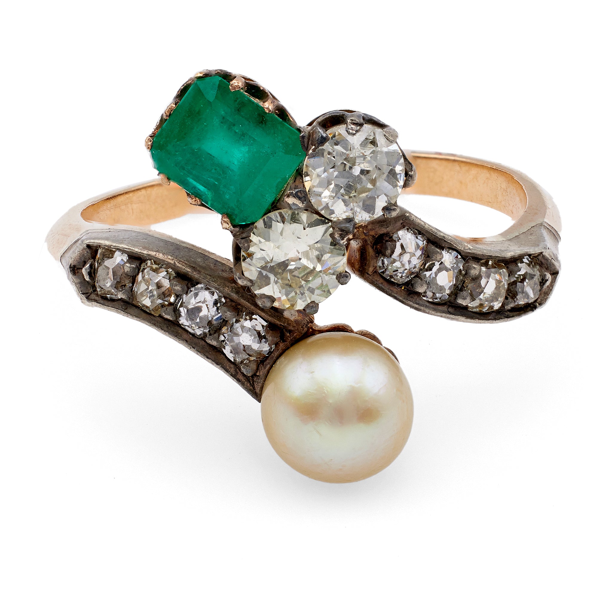 Belle Époque French Emerald Pearl and Diamond 18k Rose Gold Silver Toi et Moi Ring Rings Jack Weir & Sons   
