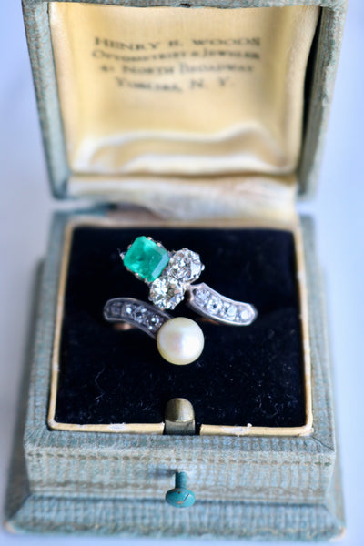 Belle Époque French Emerald Pearl and Diamond 18k Rose Gold Silver Toi et Moi Ring Rings Jack Weir & Sons   