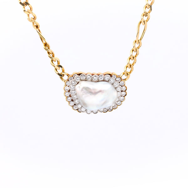Vintage David Webb Baroque Pearl Diamond 18k Yellow Gold Platinum Link Necklace