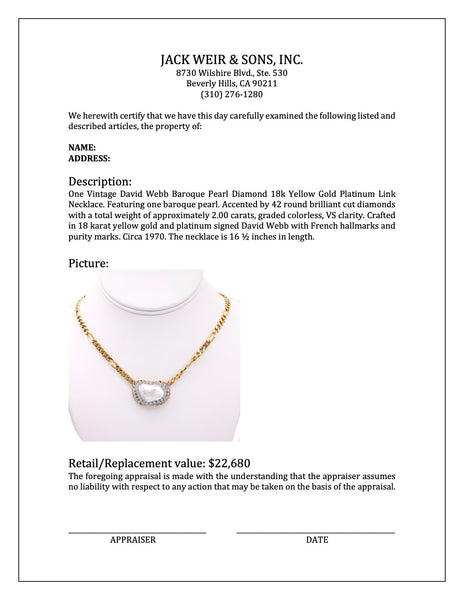 Vintage David Webb Baroque Pearl Diamond 18k Yellow Gold Platinum Link Necklace Necklaces Jack Weir & Sons   