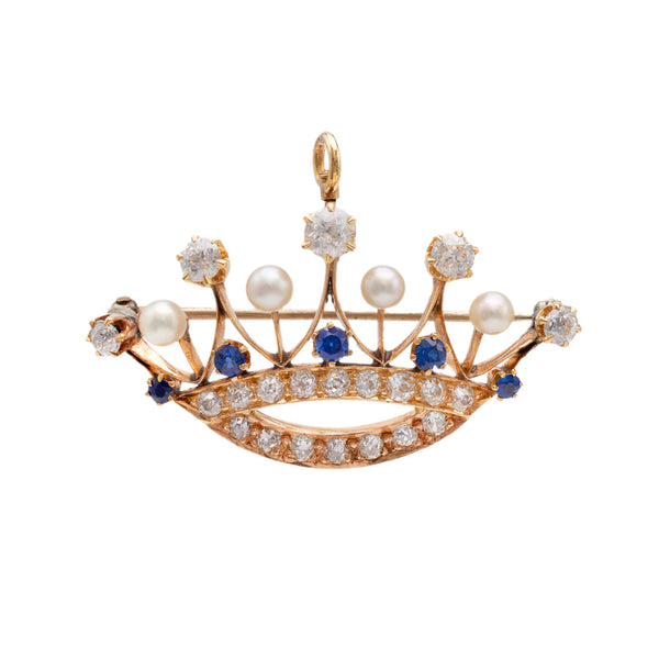 Antique Diamond, Sapphire, and Pearl 14k Yellow Gold Crown Brooch Brooches Jack Weir & Sons   