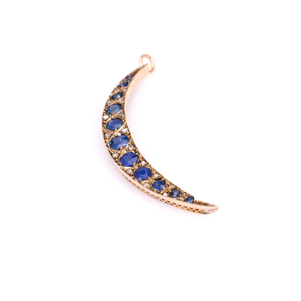 Victorian Sapphire and Diamond 10k Rose Gold Crescent Moon Pendant