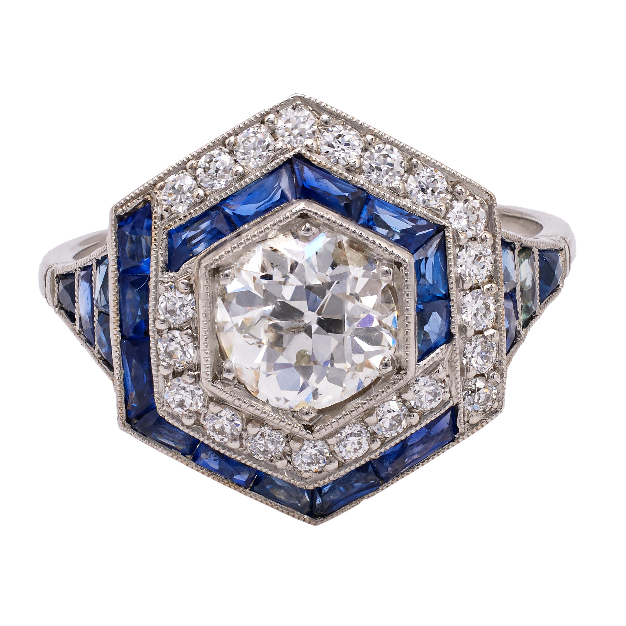 Art Deco Inspired 1.09 Carat Old European Cut Diamond Sapphire Platinum Ring Rings Jack Weir & Sons   
