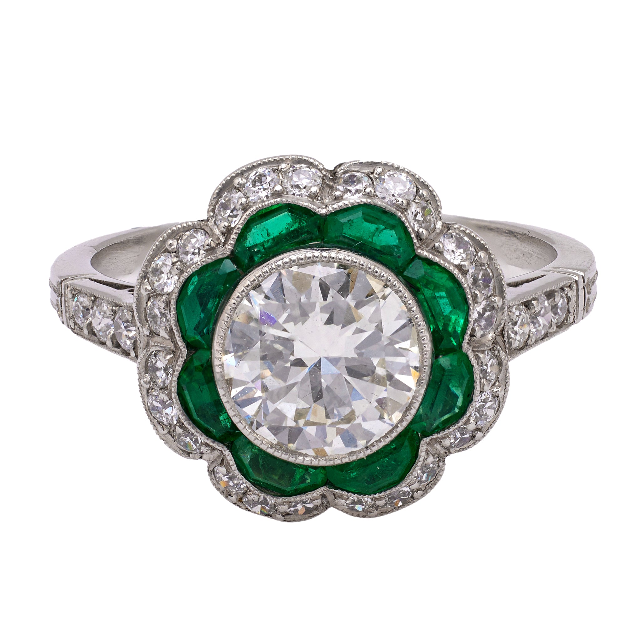 Art Deco Inspired 1.33 Carat Round Brilliant Cut Diamond Emerald Platinum Ring Rings Jack Weir & Sons   