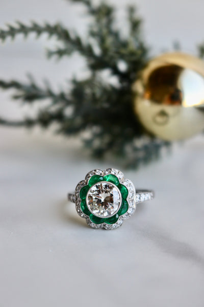 Art Deco Inspired 1.33 Carat Round Brilliant Cut Diamond Emerald Platinum Ring Rings Jack Weir & Sons   