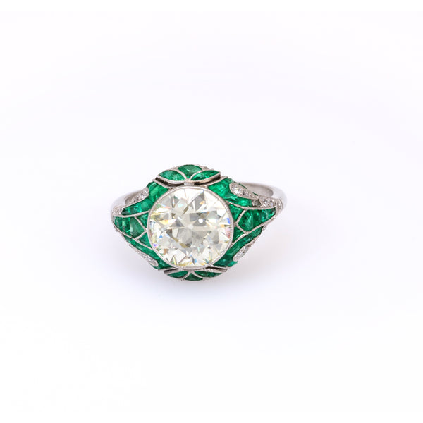 Art Deco Inspired 2.96 Carat Old European Cut Diamond Emerald Platinum Ring