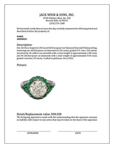 Art Deco Inspired 2.96 Carat Old European Cut Diamond Emerald Platinum Ring Rings Jack Weir & Sons   