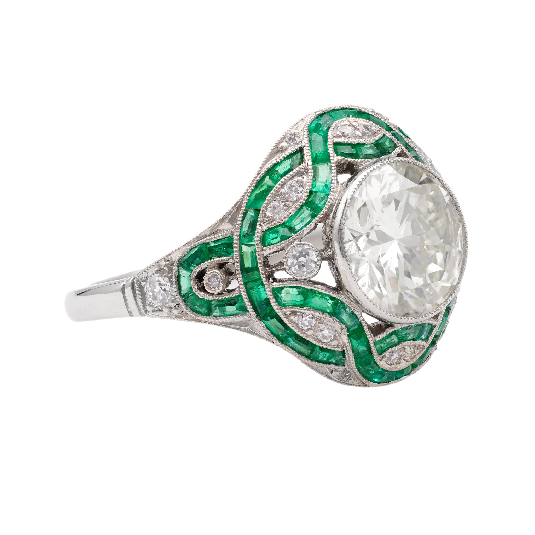 Art Deco Inspired 2.29 Carat Transitional Cut Diamond Emerald Platinum Ring Rings Jack Weir & Sons   