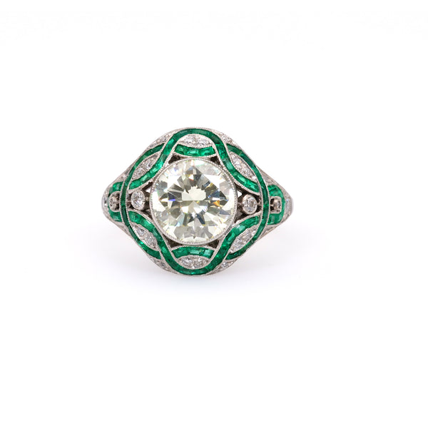Art Deco Inspired 2.29 Carat Transitional Cut Diamond Emerald Platinum Ring