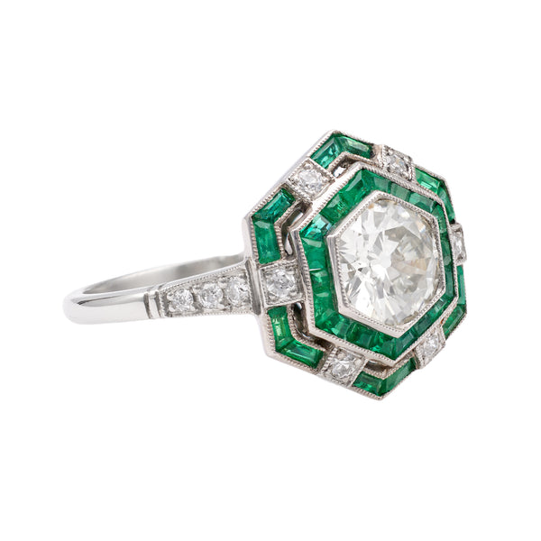 Art Deco Inspired 1.00 Carat Old European Cut Diamond Emerald Platinum Ring Rings Jack Weir & Sons   