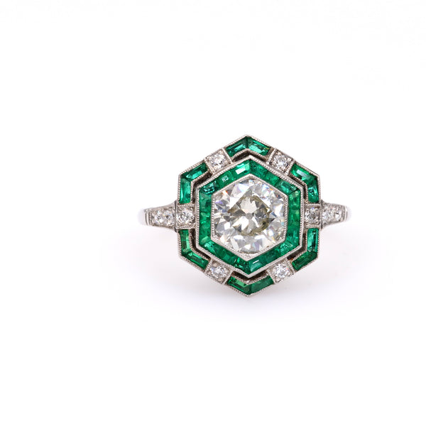 Art Deco Inspired 1.00 Carat Old European Cut Diamond Emerald Platinum Ring