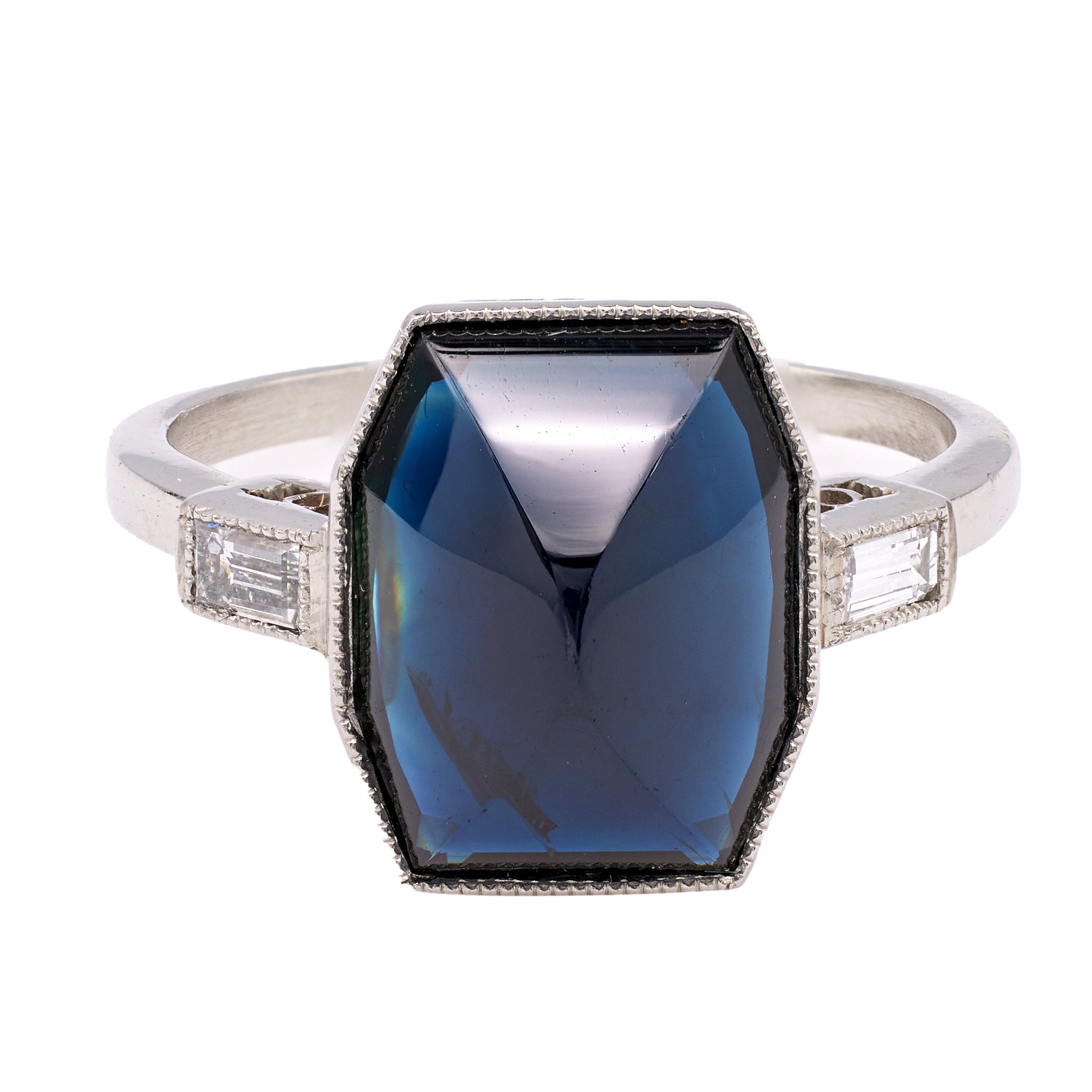 Art Deco Inspired 6.92 Carat Sapphire and Diamond Platinum Ring