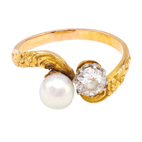 Edwardian Pearl and Diamond 18k Yellow Gold Platinum Toi et Moi Ring Rings Jack Weir & Sons   
