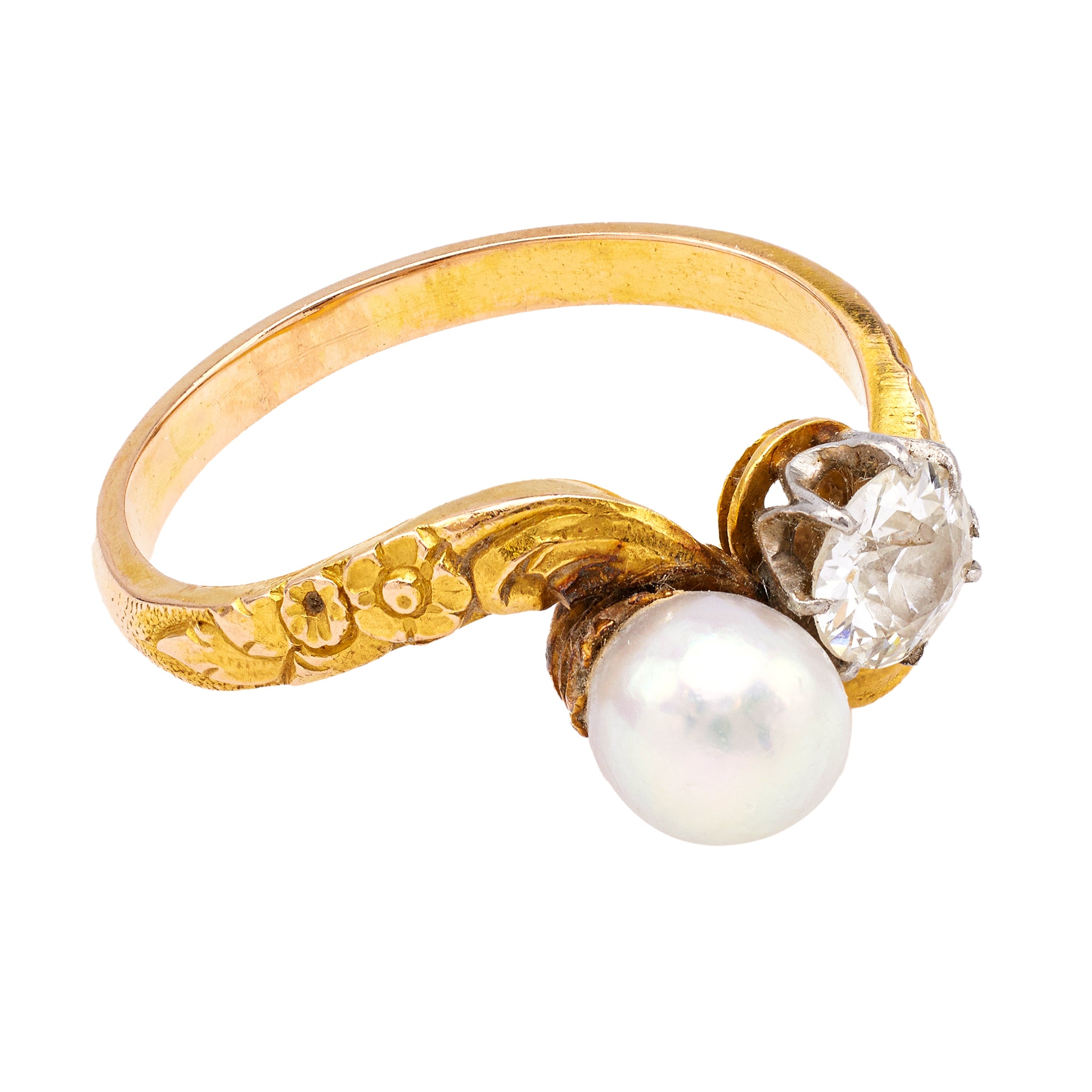 Edwardian Pearl and Diamond 18k Yellow Gold Platinum Toi et Moi Ring Rings Jack Weir & Sons   