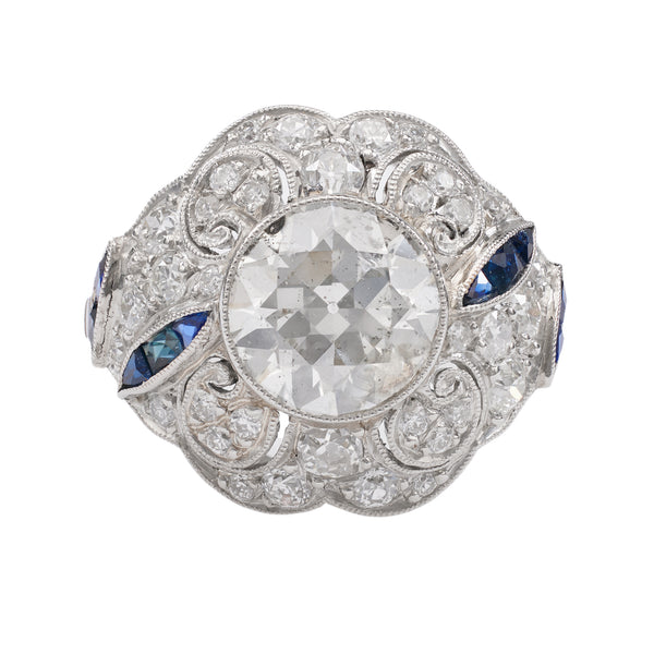 Art Deco Inspired 2.11  Carat Old European Cut Diamond Sapphire Platinum Ring Rings Jack Weir & Sons   