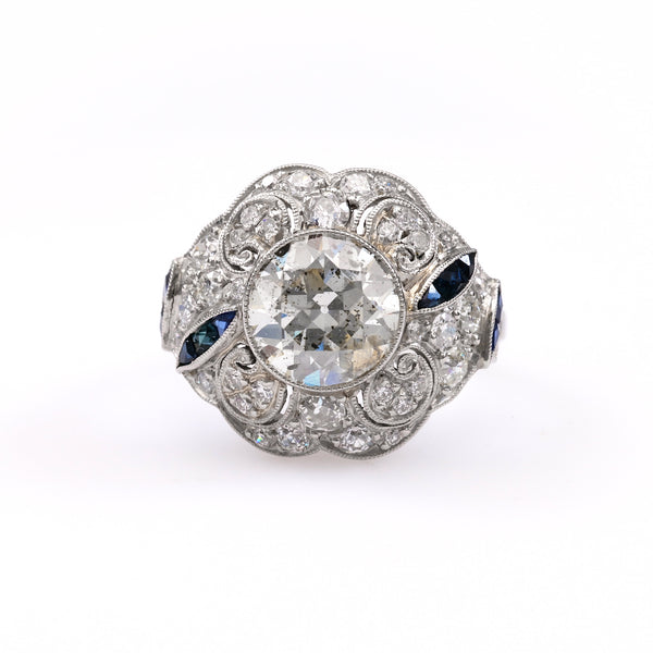 Art Deco Inspired 2.11  Carat Old European Cut Diamond Sapphire Platinum Ring