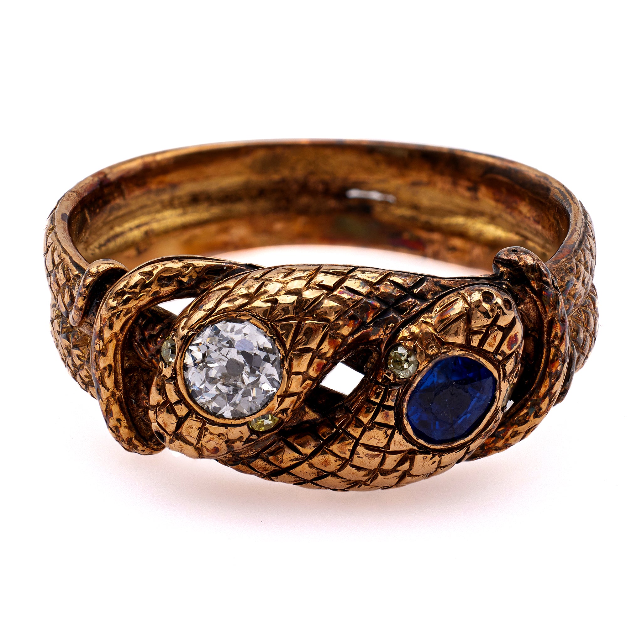 Edwardian Diamond and Sapphire 18k Rose Gold Twin Snake Ring Rings Jack Weir & Sons   