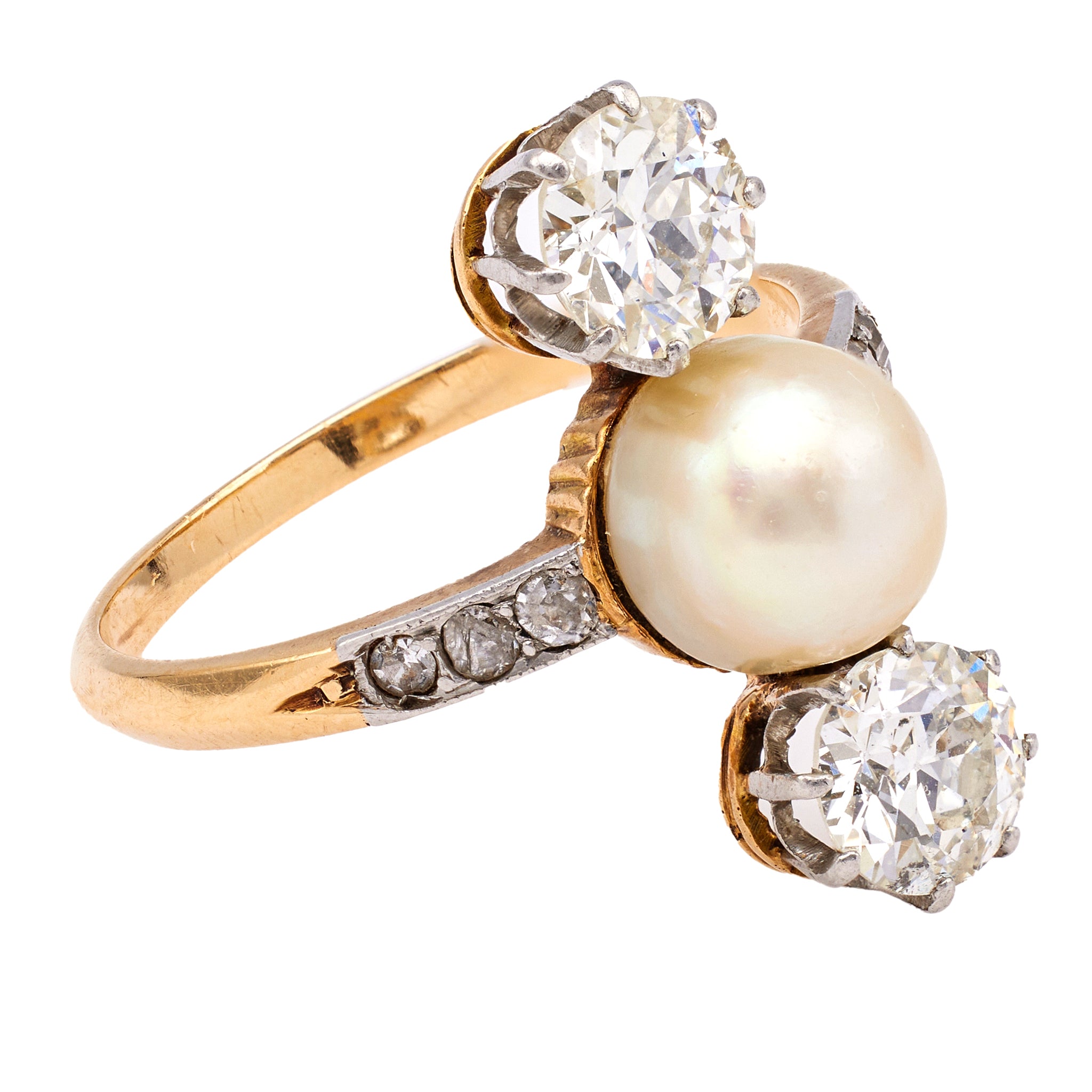 Edwardian Pearl and Diamond Platinum 18k Yellow Gold Ring