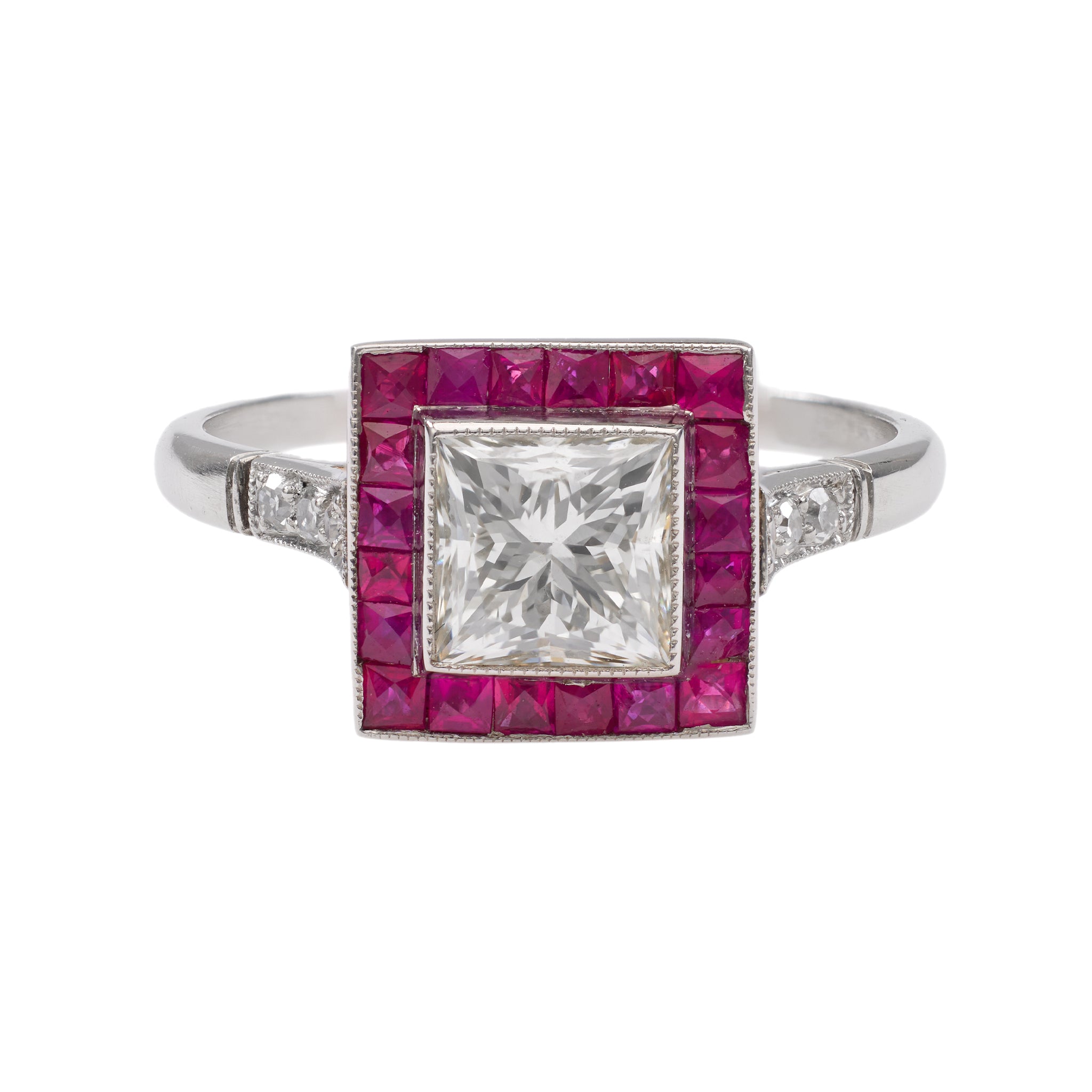 Art Deco Inspired Princess Cut Diamond Ruby Platinum Target Ring Rings Jack Weir & Sons   
