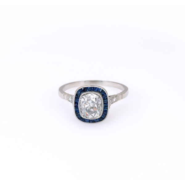 Art Deco Inspired 1.62 Carat Old Mine Cut Diamond Sapphire Platinum Ring