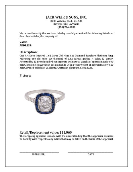 Art Deco Inspired 1.62 Carat Old Mine Cut Diamond Sapphire Platinum Ring Rings Jack Weir & Sons   