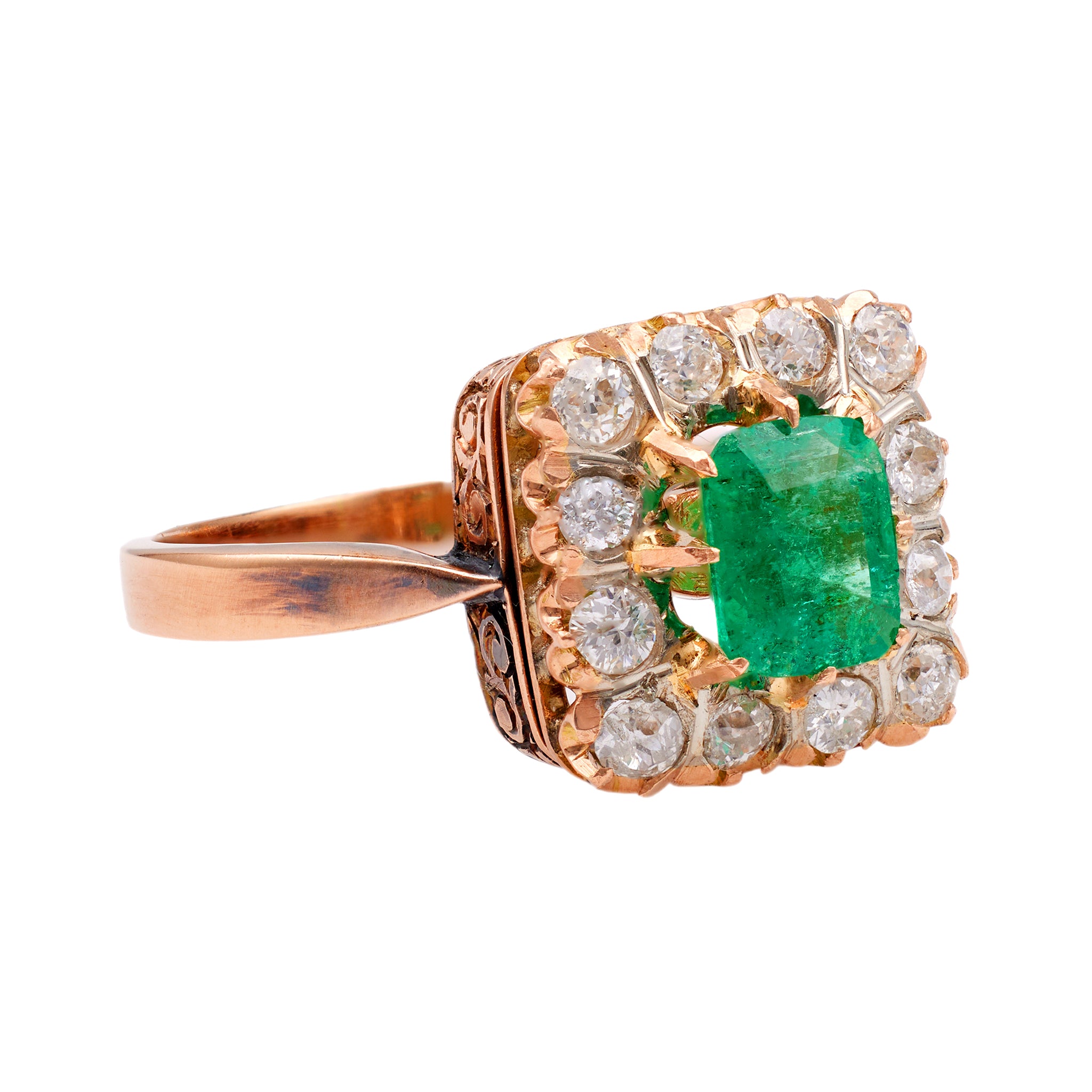 Victorian Revival Square Emerald Diamond 18k Rose Gold Cluster Ring Rings Jack Weir & Sons   