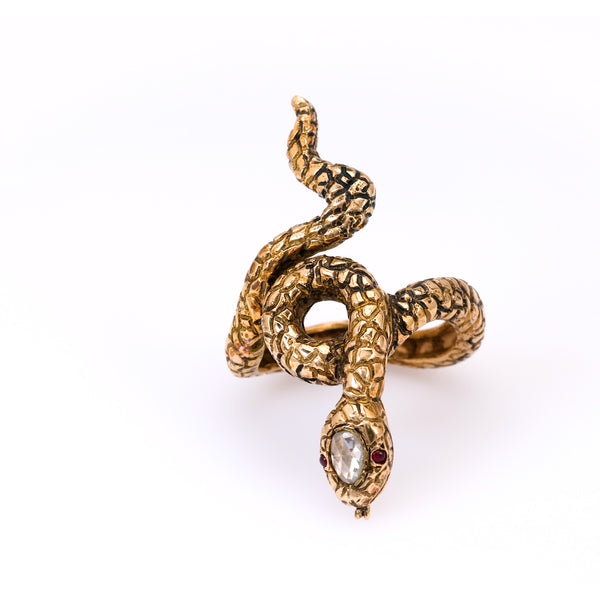 Vintage Rose Cut Diamond and Ruby 18k Yellow Gold Snake Ring