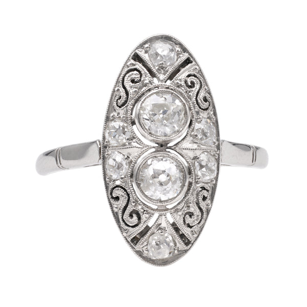 Edwardian Inspired Diamond Platinum Toi et Moi Navette Ring Rings Jack Weir & Sons   
