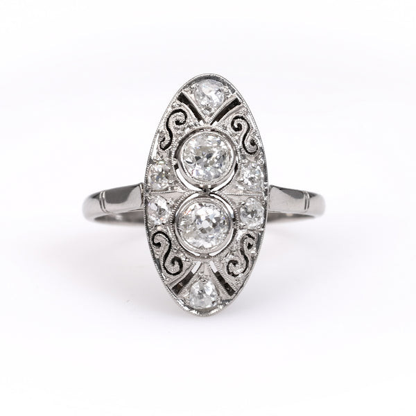 Edwardian Inspired Diamond Platinum Toi et Moi Navette Ring