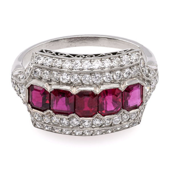 Art Deco Inspired Ruby and Diamond Platinum Ring Rings Jack Weir & Sons   