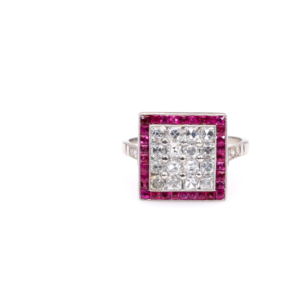 Art Deco Inspired Diamond and Ruby Platinum Square Ring