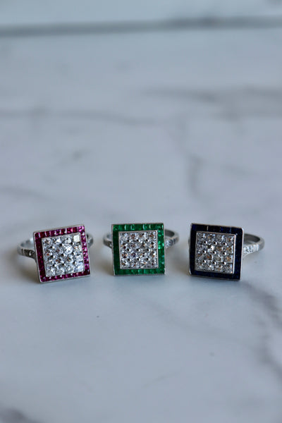Art Deco Inspired Diamond and Emerald Platinum Square Ring Rings Jack Weir & Sons   