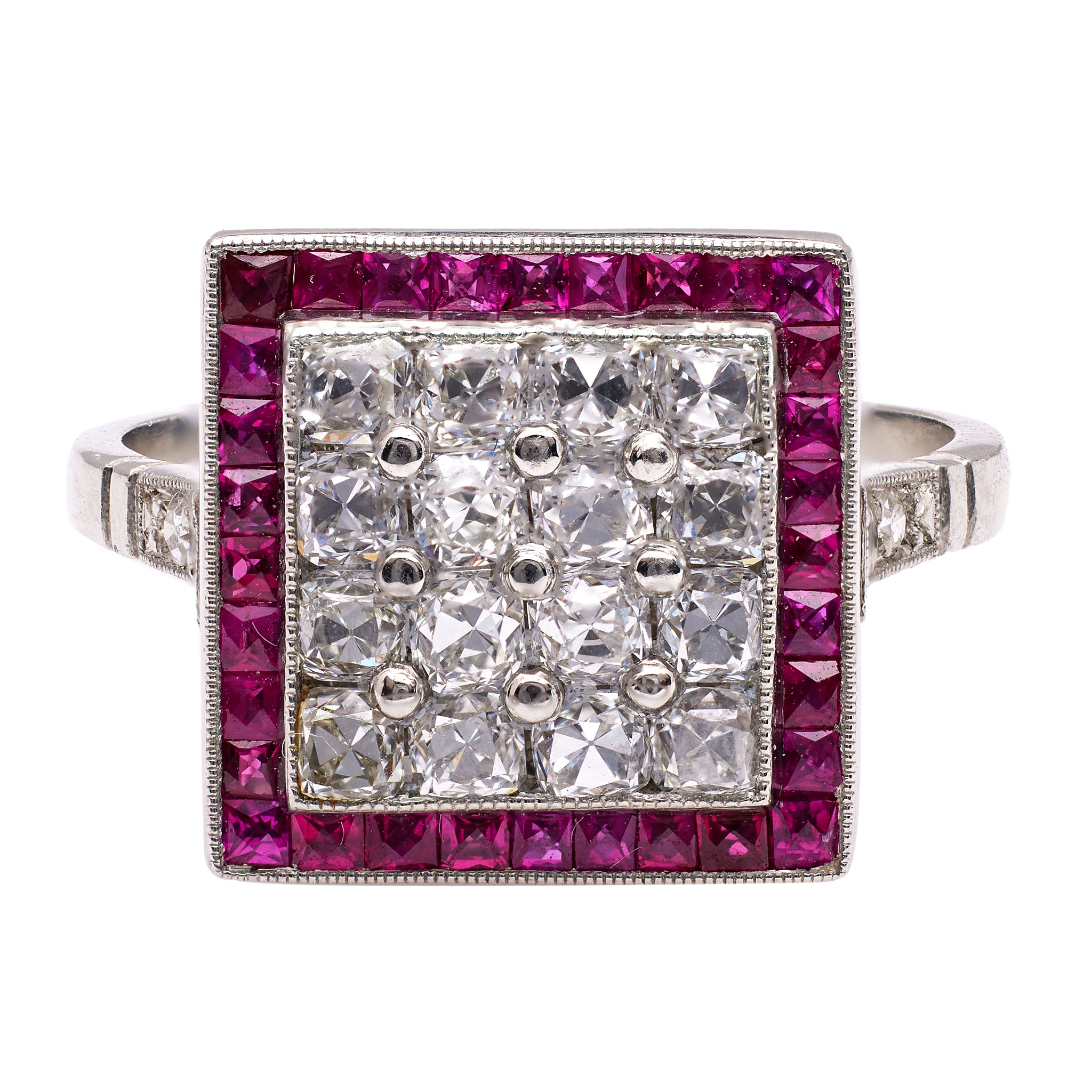 Art Deco Inspired Diamond and Ruby Platinum Square Ring Rings Jack Weir & Sons   