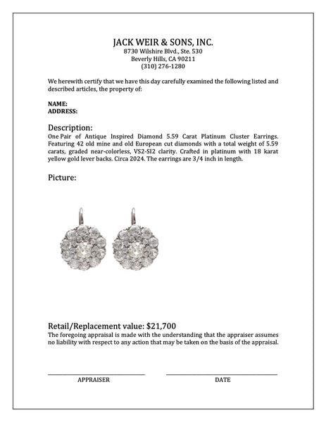 Antique Inspired Diamond 5.59 Carat Platinum Cluster Earrings Earrings Jack Weir & Sons   