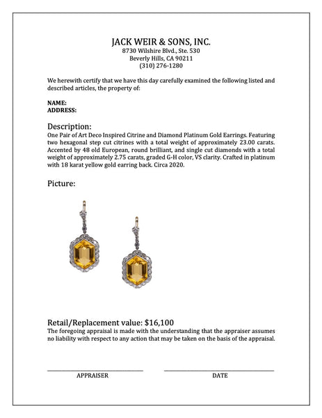 Pair of Art Deco Inspired Citrine and Diamond Platinum Gold Earrings Earrings Jack Weir & Sons   
