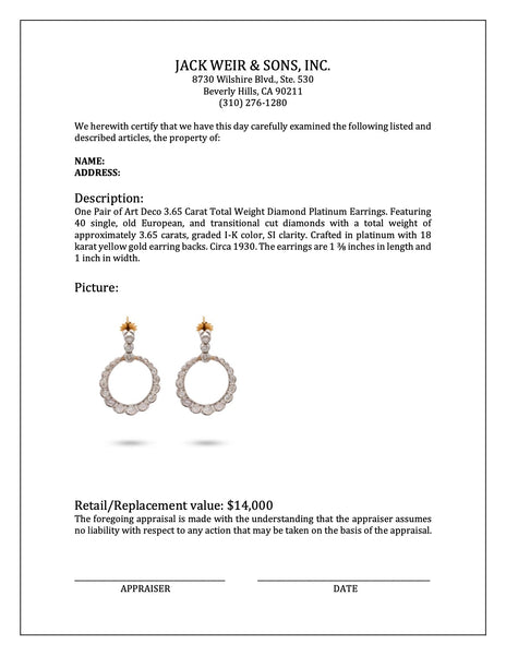 Art Deco 3.65 Carat Total Weight Diamond Platinum Earrings Earrings Jack Weir & Sons   