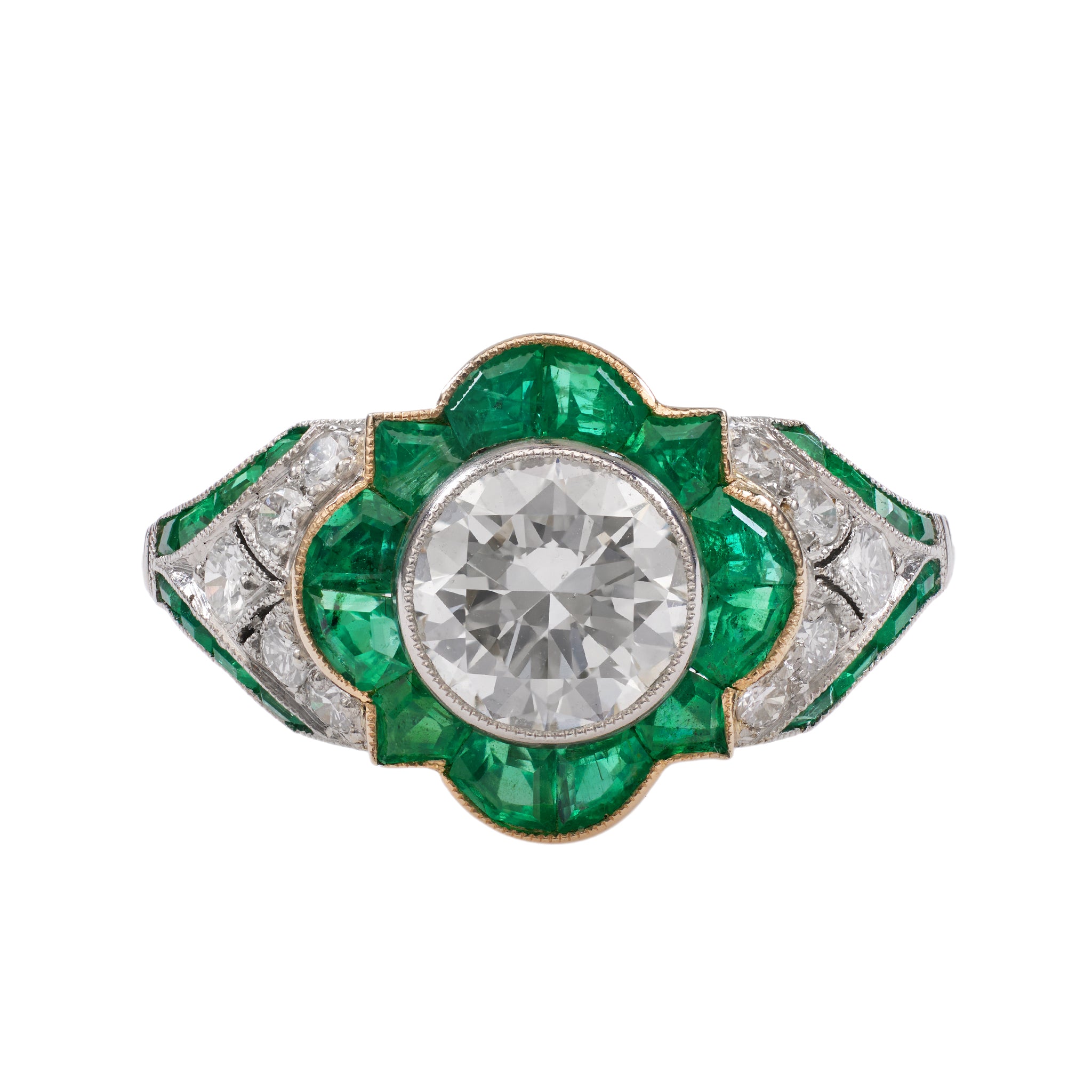 Art Deco Inspired 1.32 Carat Transitional Cut Diamond Emerald Platinum Ring Rings Jack Weir & Sons   