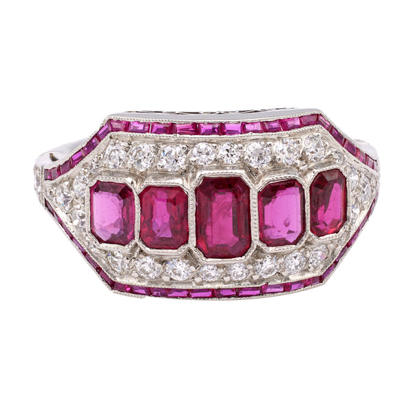 Art Deco Inspired Ruby and Diamond Platinum Five Stone Ring Rings Jack Weir & Sons   