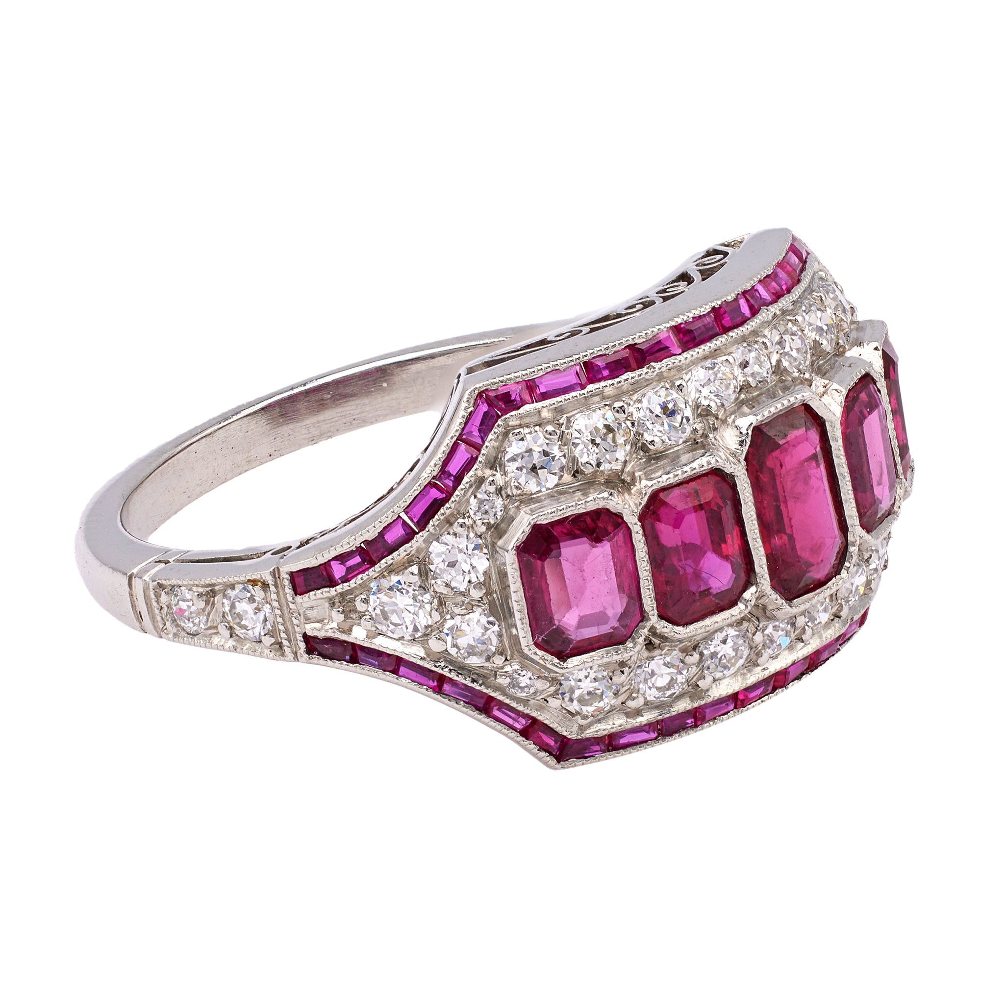 Art Deco Inspired Ruby and Diamond Platinum Five Stone Ring Rings Jack Weir & Sons   
