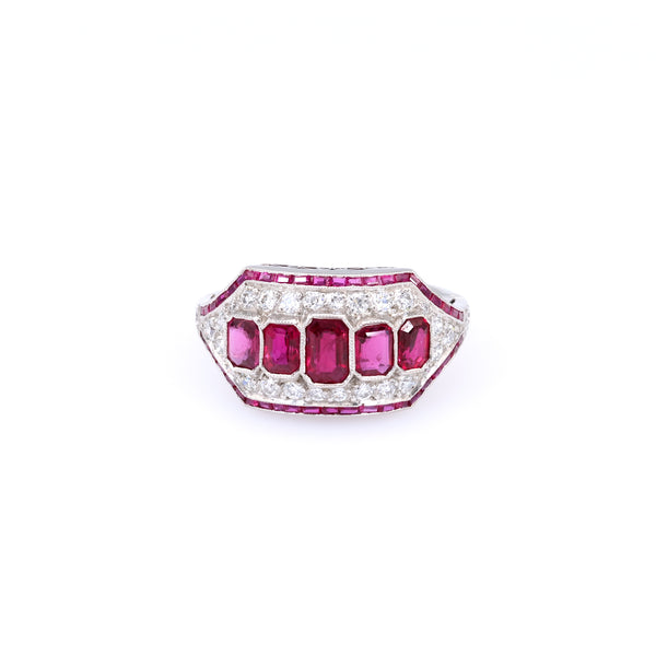 Art Deco Inspired Ruby and Diamond Platinum Five Stone Ring