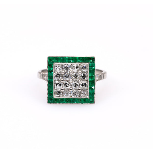 Art Deco Inspired Diamond and Emerald Platinum Square Ring