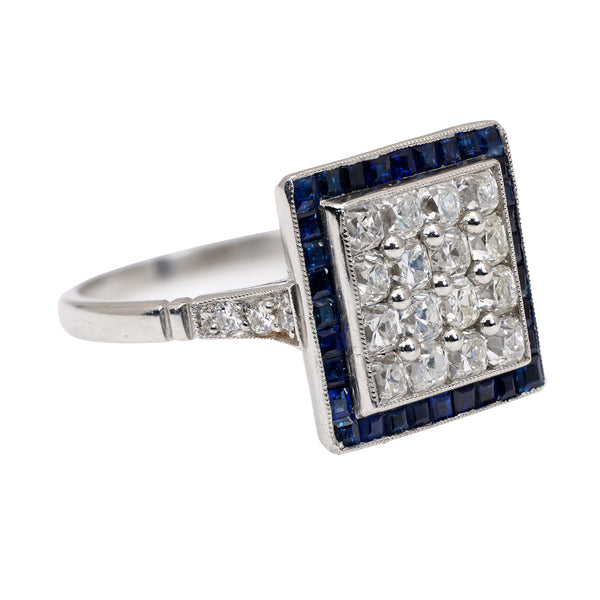 Art Deco Inspired Diamond and Sapphire Platinum Square Ring Rings Jack Weir & Sons   