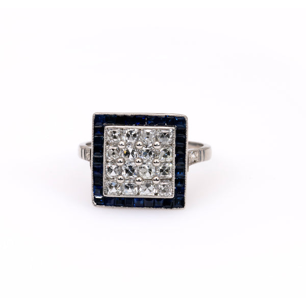 Art Deco Inspired Diamond and Sapphire Platinum Square Ring