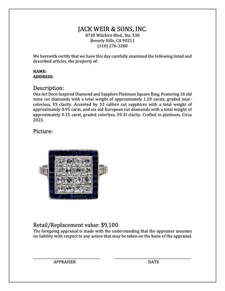Art Deco Inspired Diamond and Sapphire Platinum Square Ring Rings Jack Weir & Sons   