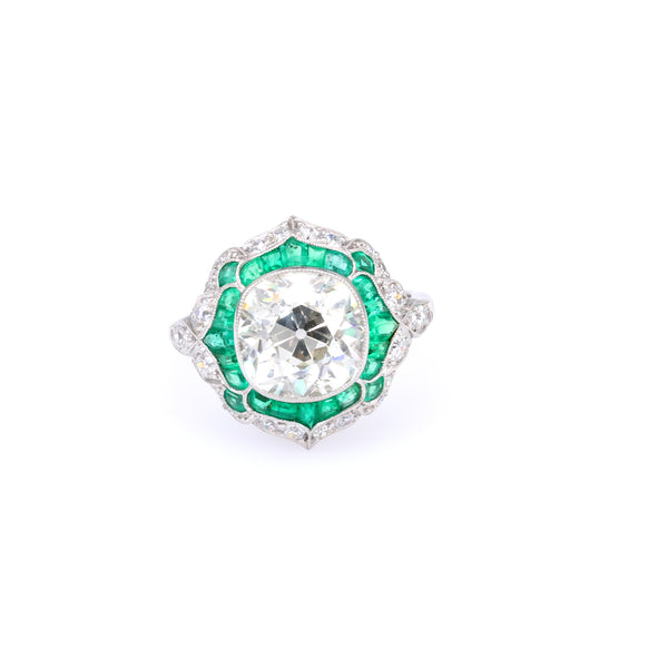 Art Deco Inspired 4.03 Carat Old Mine Cut Diamond Emerald Platinum Ring