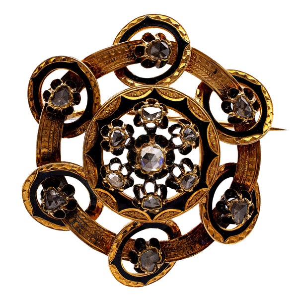 Antique French Rose Cut Diamond 18k Yellow Gold Black Enamel Brooch Brooches Jack Weir & Sons   