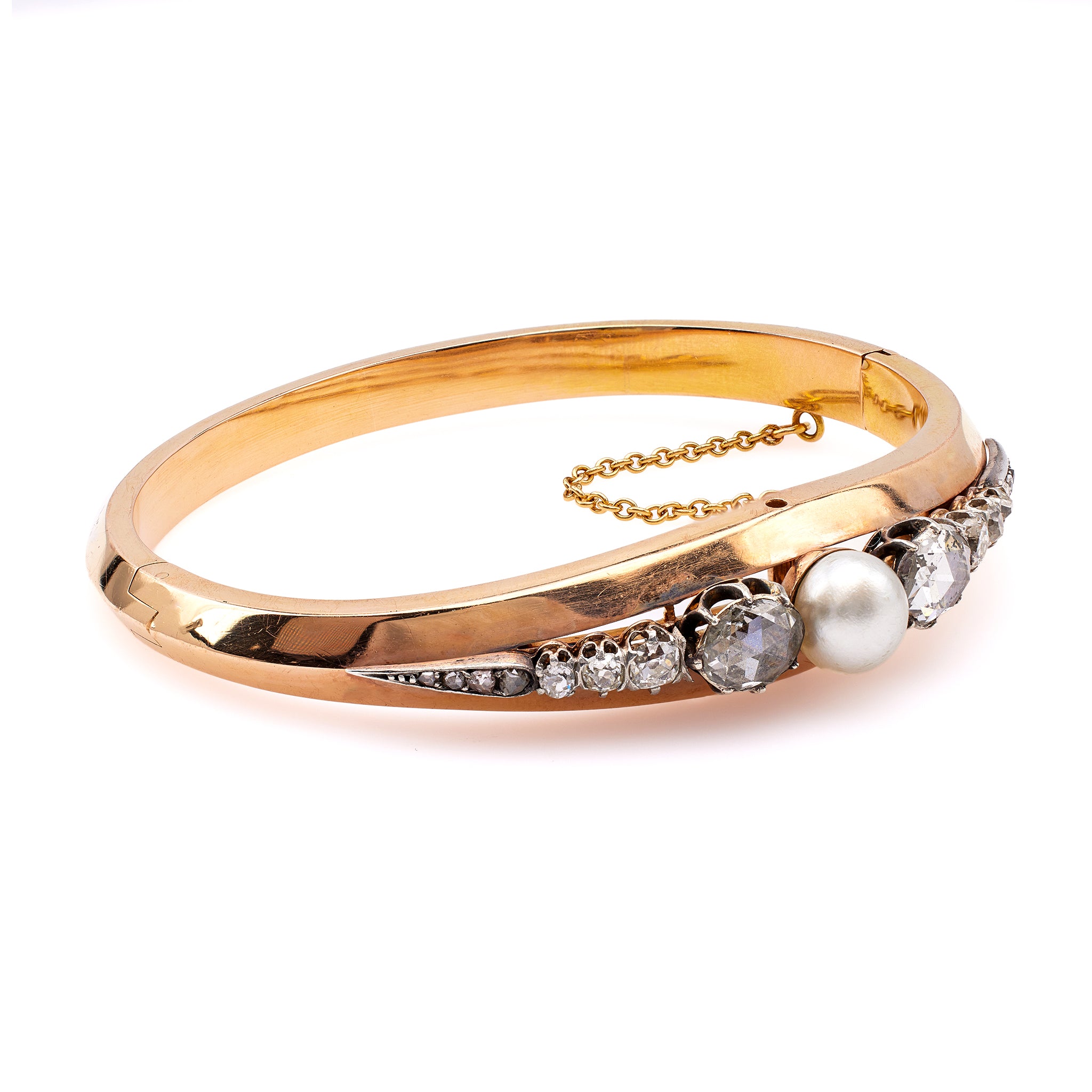 Victorian Pearl and Diamond 18k Rose Gold Silver Hinged Bangle Bracelet Bracelets Jack Weir & Sons   