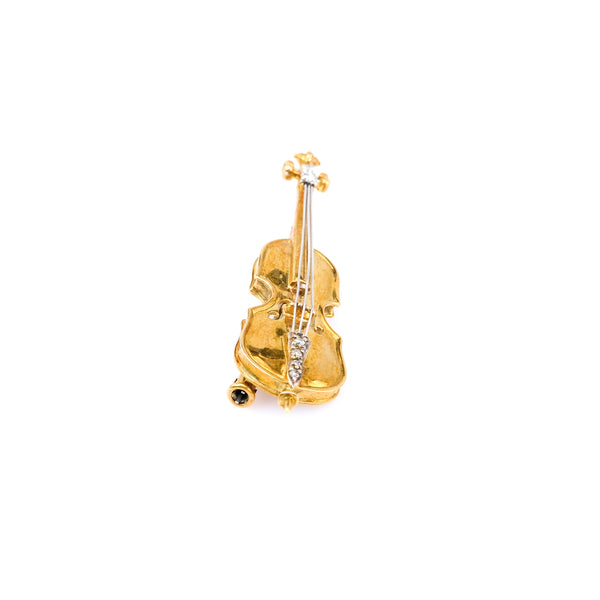 Vintage Diamond 18k Yellow Gold Cello Brooch