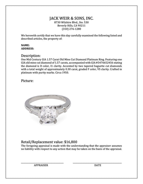 Mid Century GIA 1.57 Carat Old Mine Cut Diamond Platinum Ring Rings Jack Weir & Sons   