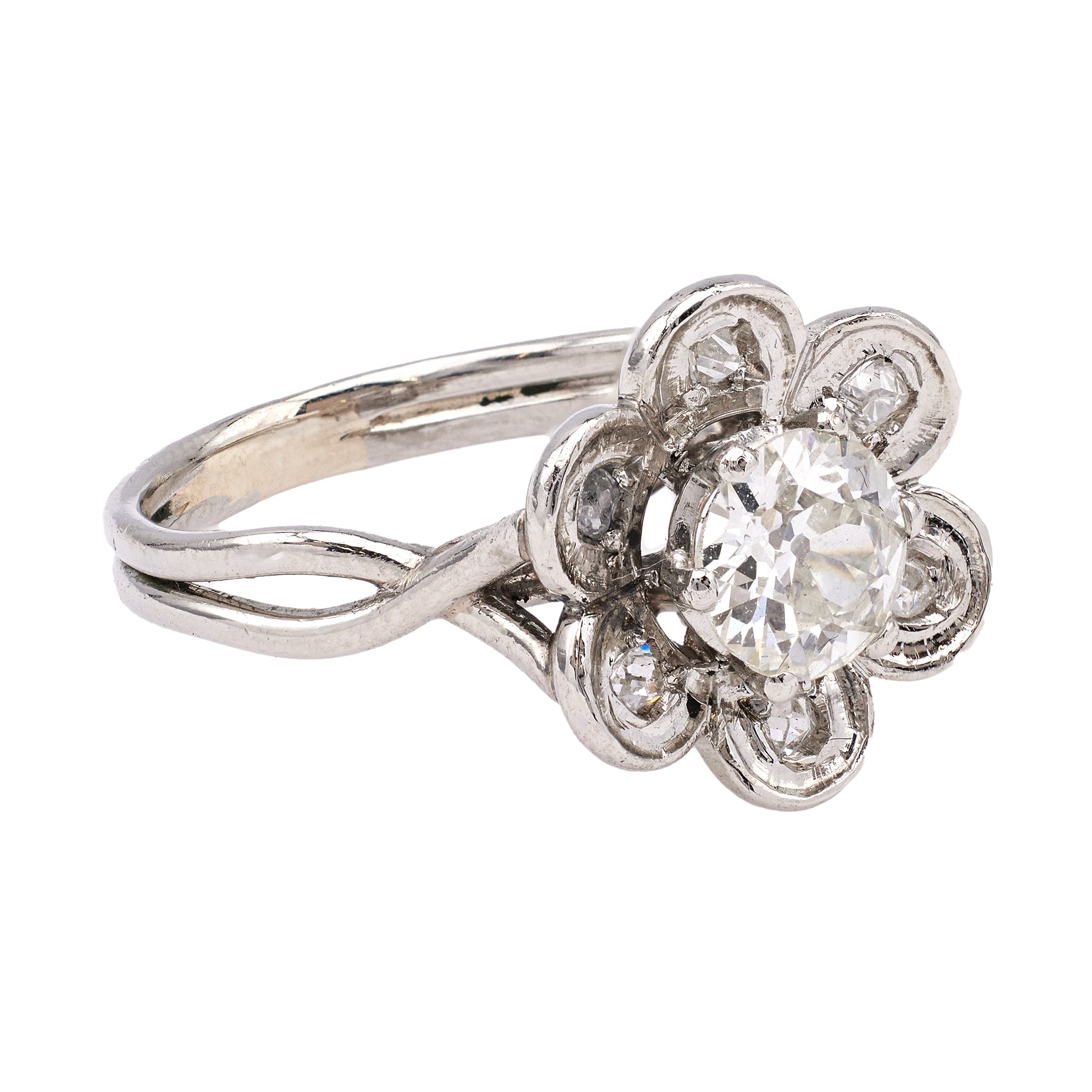 Mid Century French GIA 0.90 Carat Old European Cut Diamond Platinum Flower Ring Rings Jack Weir & Sons   